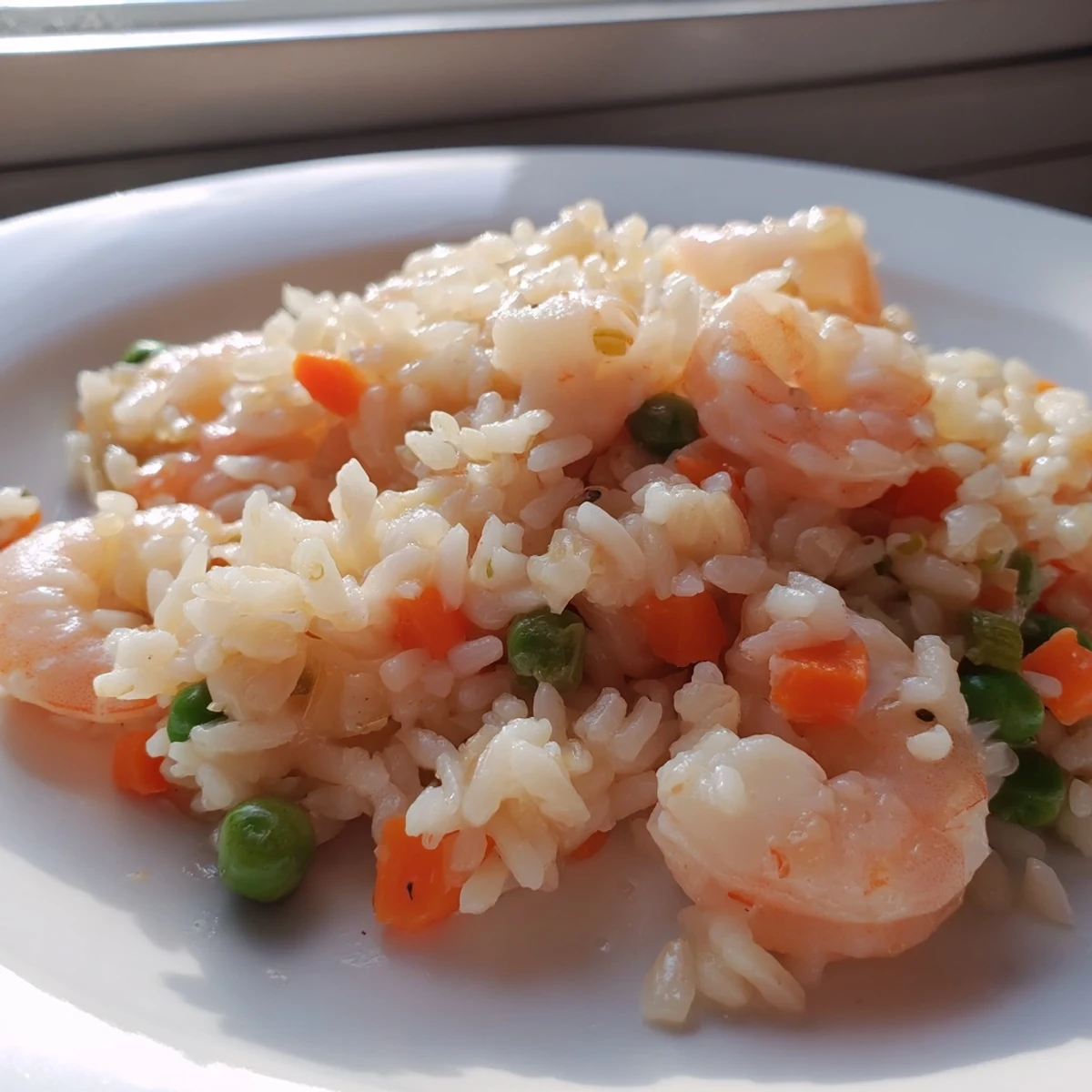 Steam rises from the wok as fluffy jasmine rice mingles with sautéed shrimp, vibrant peas, and crisp spring onions in this Shrimp Garlic Fried Rice.