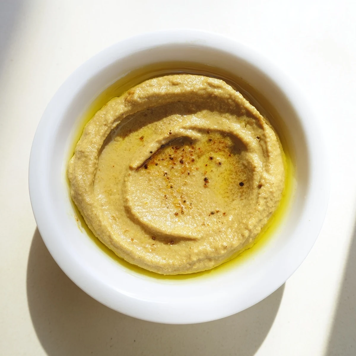 Smooth Chickpea Curry Paste topped with a drizzle of olive oil, ready for spreading on sandwiches or flatbreads.