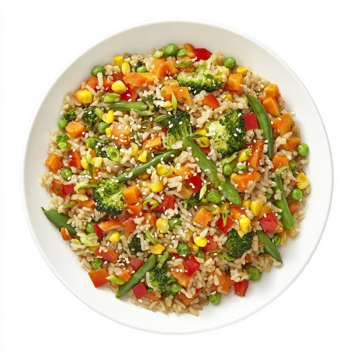A close-up of vibrant vegetable fried rice, featuring colorful diced carrots, bell peppers, and crisp broccoli florets.