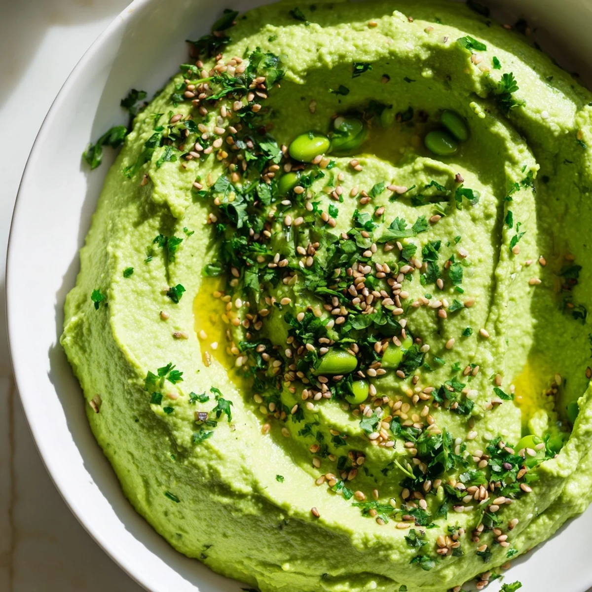 Creamy Edamame Hummus topped with olive oil and sesame seeds, served with fresh veggies and pita chips.