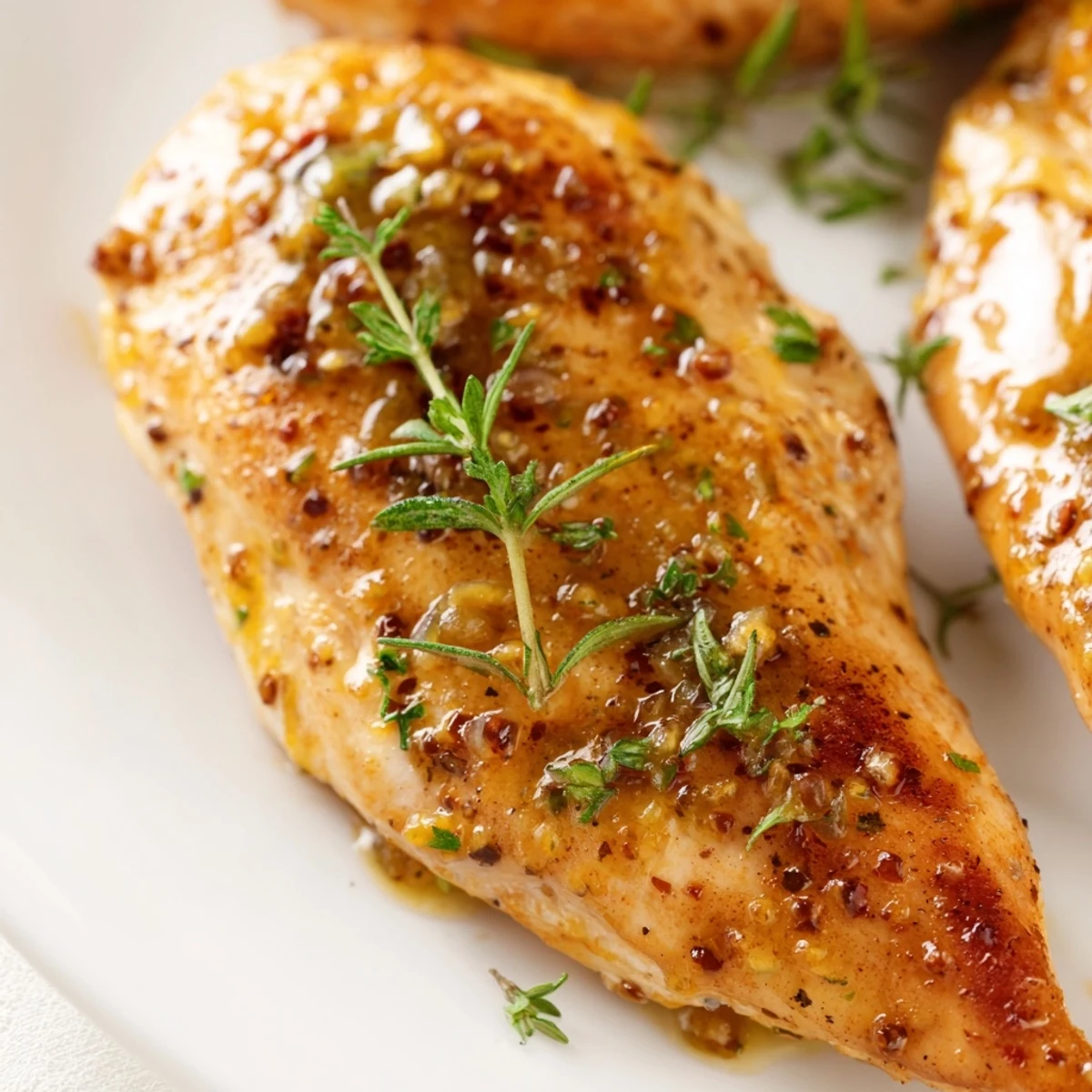 Golden-brown Honey Dijon Chicken Skillet simmering in a glossy, sweet-tangy sauce with fresh rosemary and thyme.  