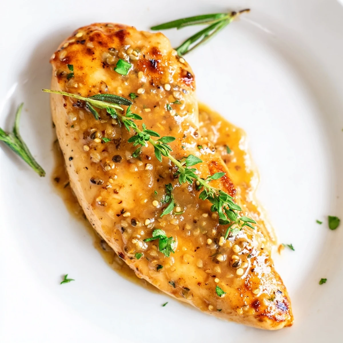 A close-up of juicy chicken breasts in a honey Dijon sauce, garnished with parsley and served over creamy mashed potatoes.  