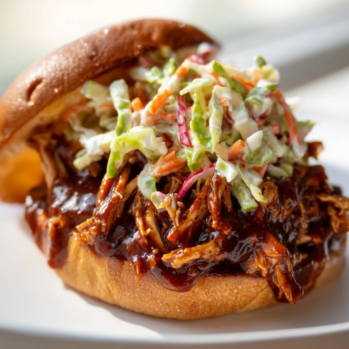 Juicy pulled chicken sandwich with tangy barbecue sauce, piled high on a toasted brioche bun topped with crunchy slaw.  