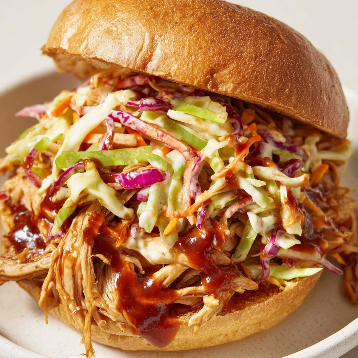 Tender pulled barbecue chicken nestled in a soft brioche bun, layered with vibrant cabbage slaw and a drizzle of sauce.  
