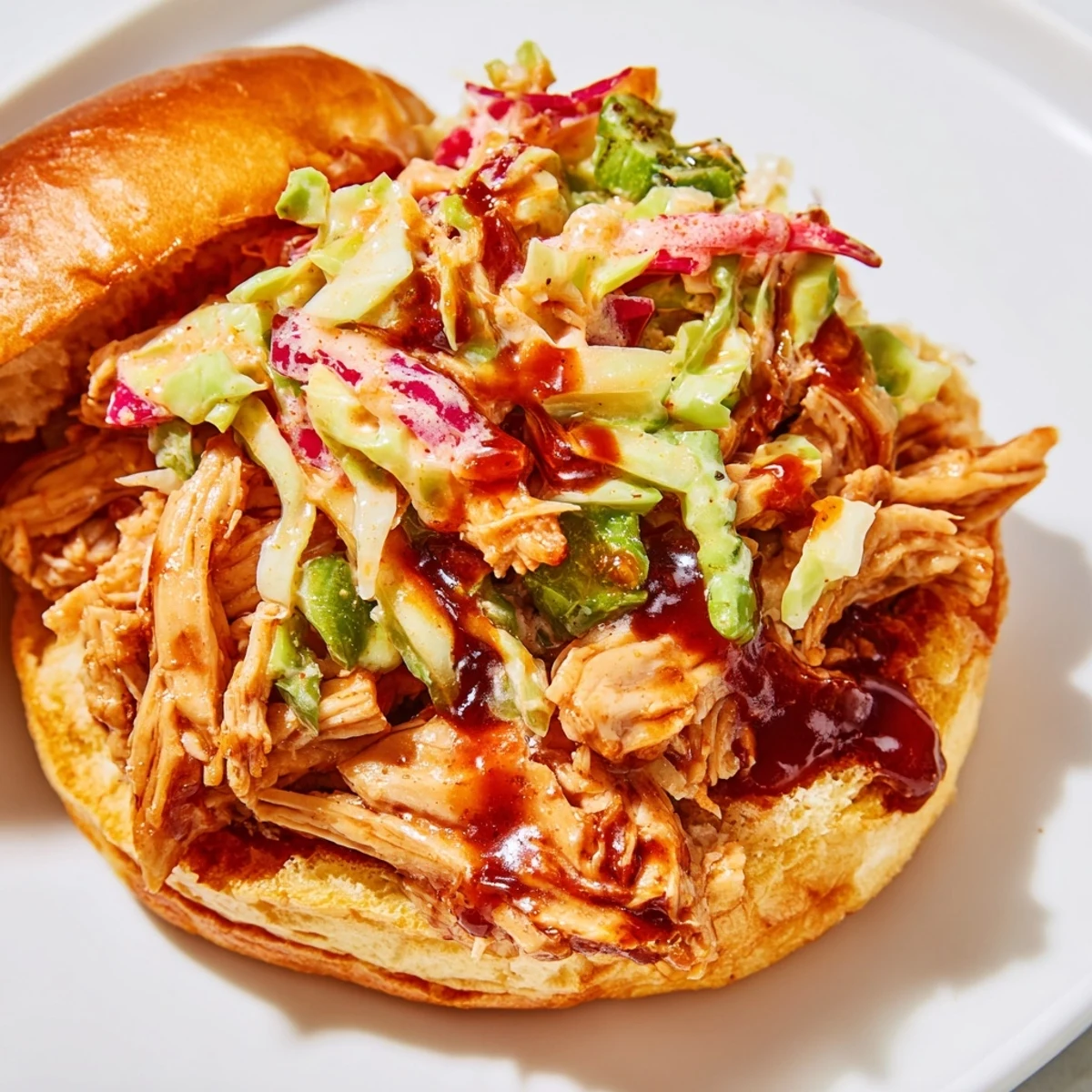 Golden toasted brioche bun stuffed with smoky pulled chicken sandwich, finished with creamy slaw for a satisfying bite.
