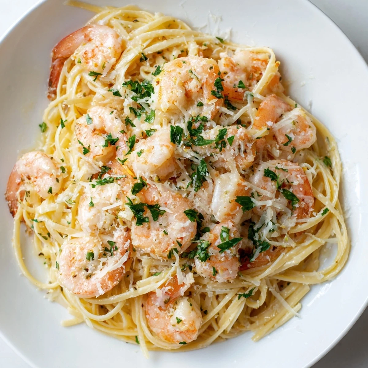 Creamy Garlic Shrimp Pasta with succulent shrimp tossed in a rich, glossy garlic cream sauce over al dente linguine, garnished with fresh parsley.
