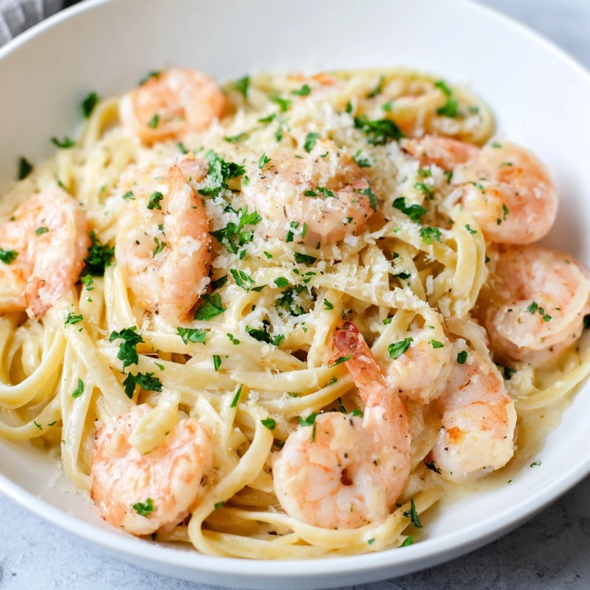 Close-up of Creamy Garlic Shrimp Pasta, highlighting juicy shrimp and Parmesan cream clinging to linguine, with lemon wedges and parsley on the side.