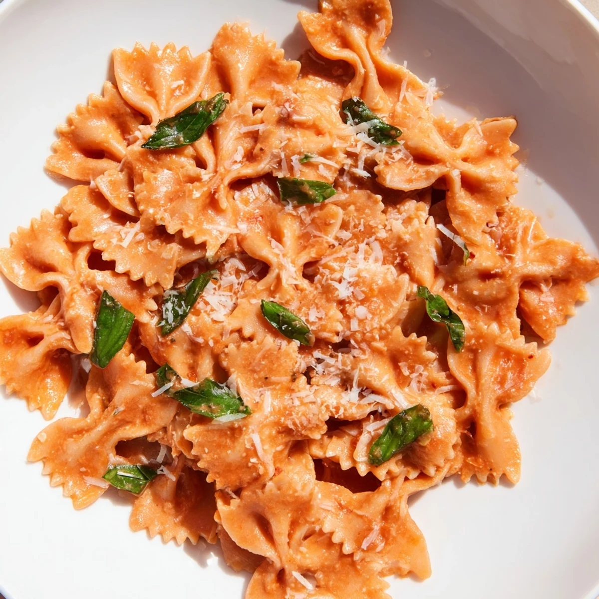 A close-up of creamy Tomato Basil Bowtie Pasta with fresh basil and Parmesan, served in a white bowl.