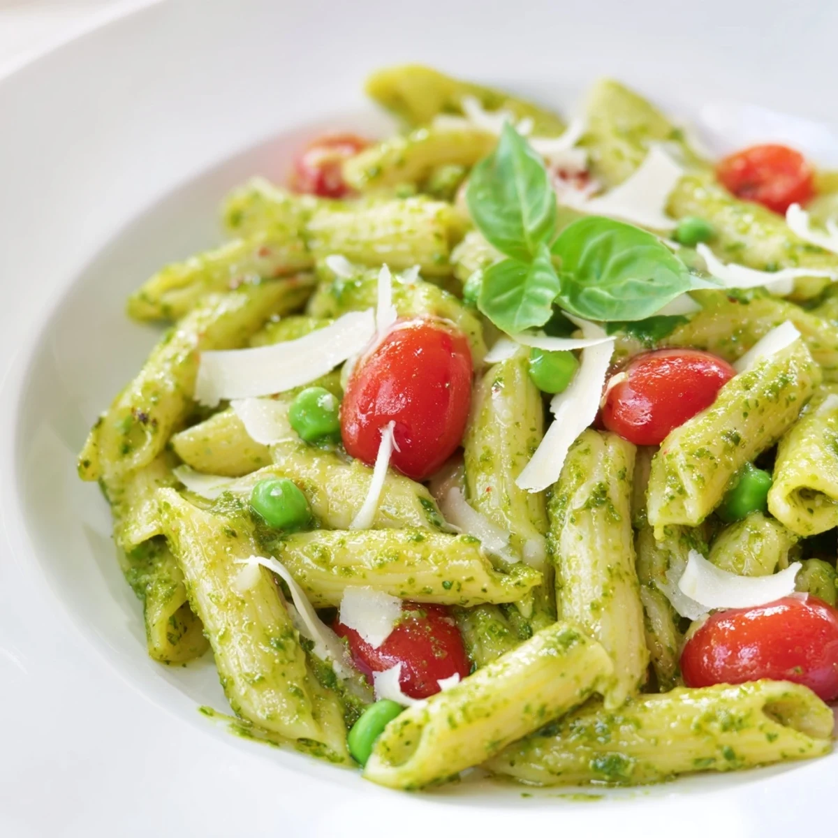Bright Green Pesto Pasta Salad with peas and tomatoes in a white bowl, garnished with fresh basil and Parmesan.  