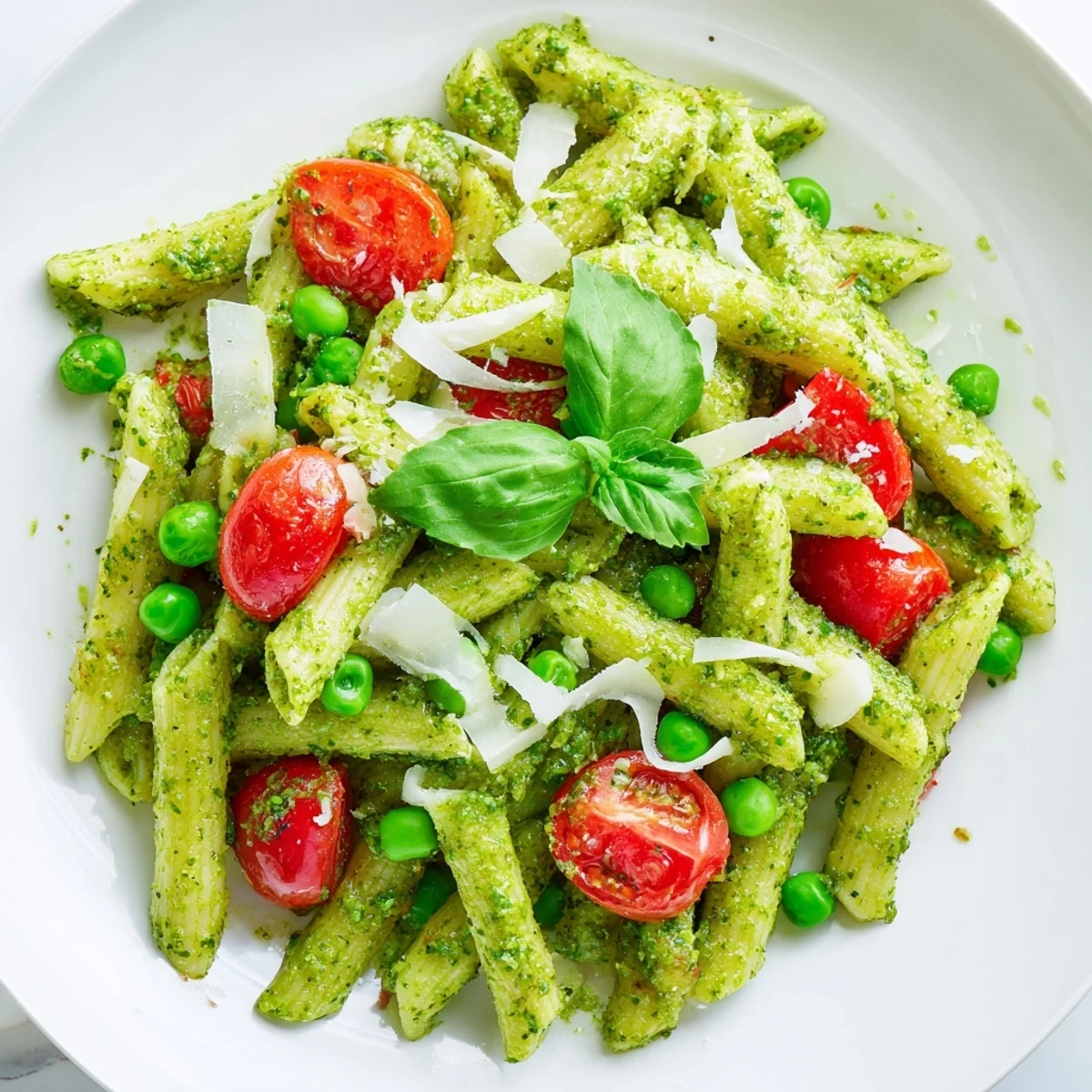 Green Pesto Pasta Salad served cold for a picnic, featuring fusilli pasta and sweet peas in a light pesto dressing.