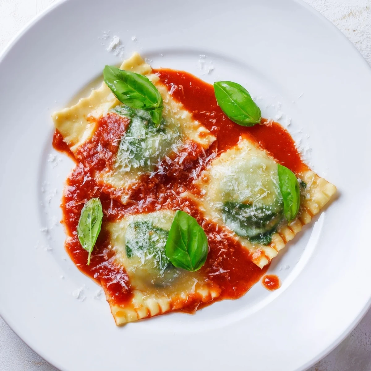 Freshly cooked Spinach Ricotta Ravioli topped with extra Parmesan on a rustic plate.