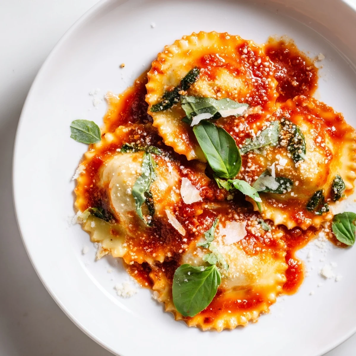 Comforting Spinach Ricotta Ravioli served steaming hot with garlic marinara and basil leaves.