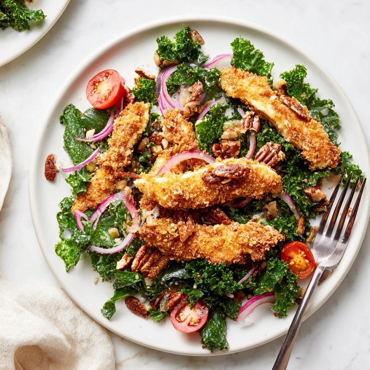 Golden, crispy chicken strips rest atop a vibrant kale salad with cherry tomatoes and red onion, drizzled with maple-Dijon dressing.
