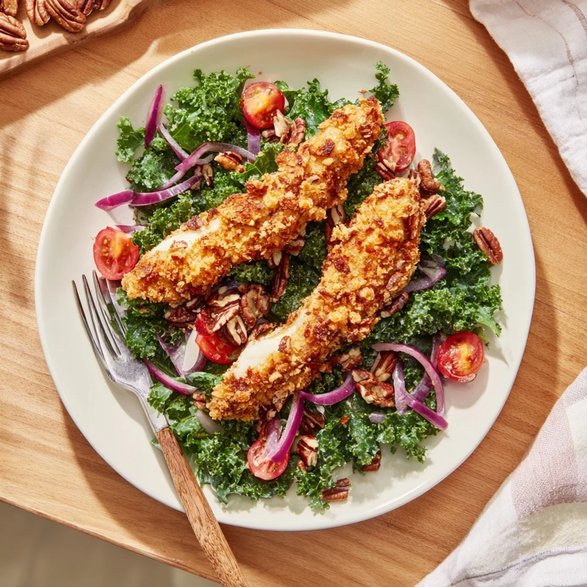 Sliced crispy chicken crowns a colorful bowl of massaged kale, tomatoes, and red onion, glistening with sweet and savory dressing.