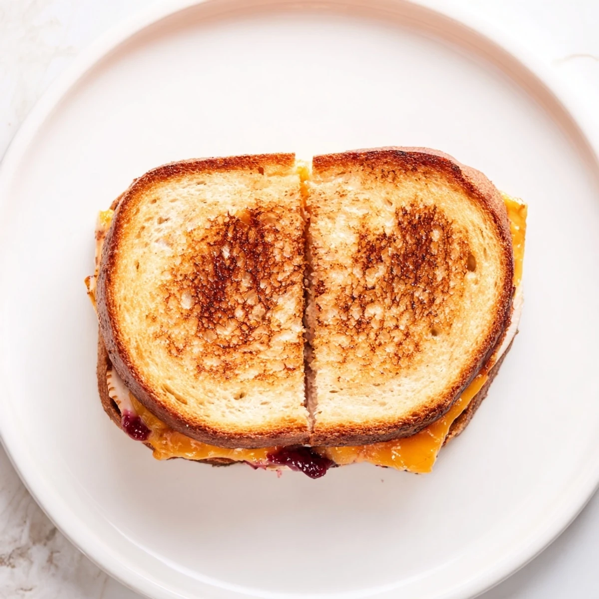 Perfectly golden grilled cheese sandwich with smoked turkey and sharp cheddar, melted and ready to slice.