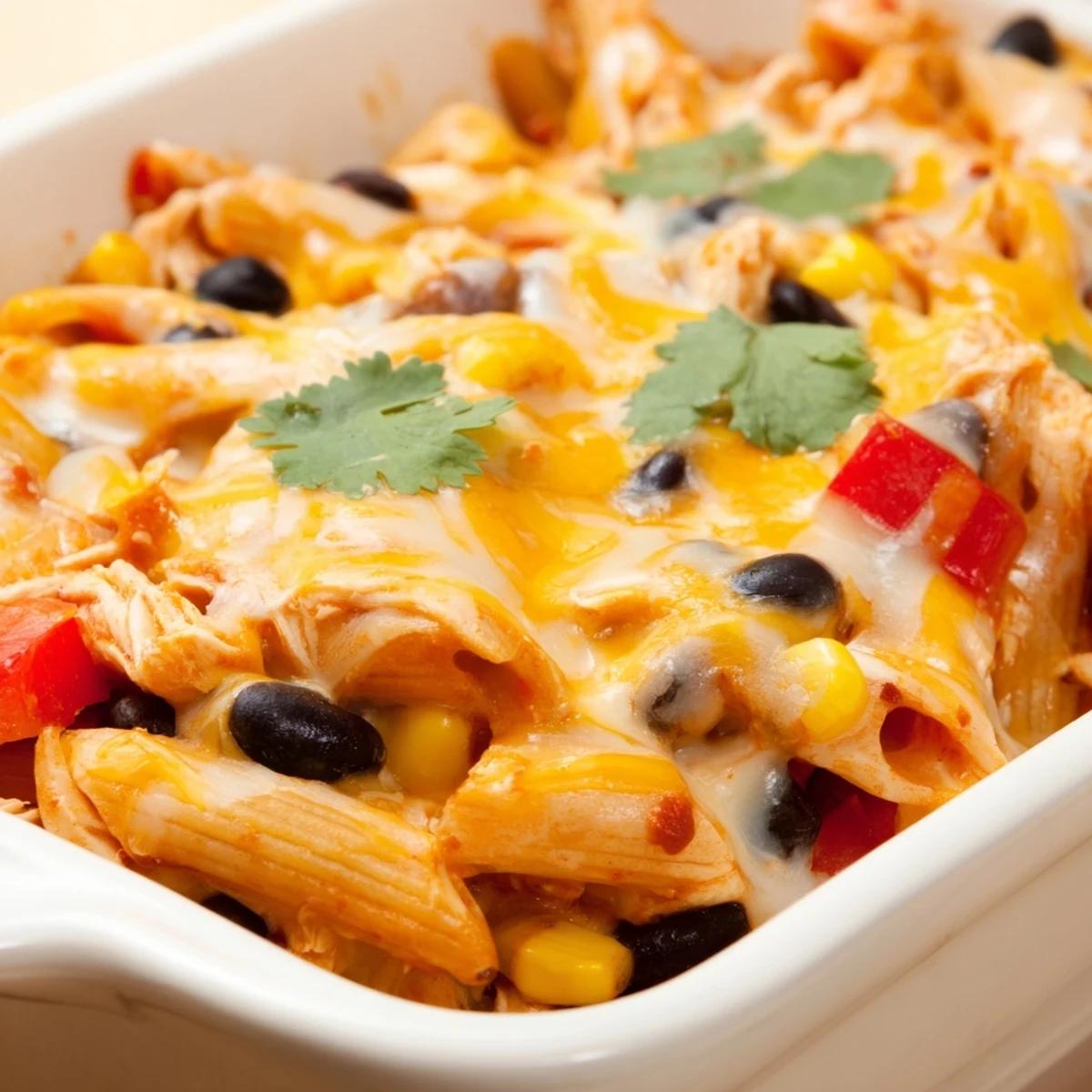 A steamy skillet of Chicken Burrito Pasta Bake features tender shredded chicken, black beans, and corn mixed with pasta and a vibrant tomato salsa.