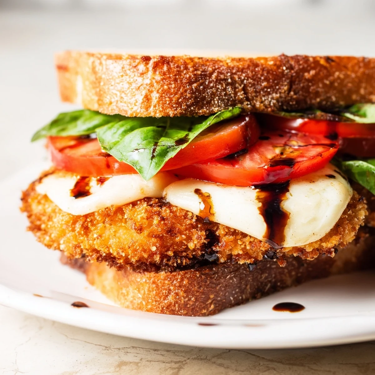 A close-up of a Crispy Chicken Caprese Sandwich showing ripe tomato slices and melted cheese on a rustic plate.