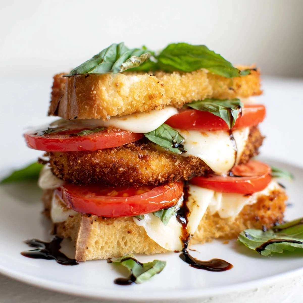 Golden, crispy chicken cutlet topped with melted mozzarella and fresh basil on toasted ciabatta, ready to be drizzled with balsamic glaze.