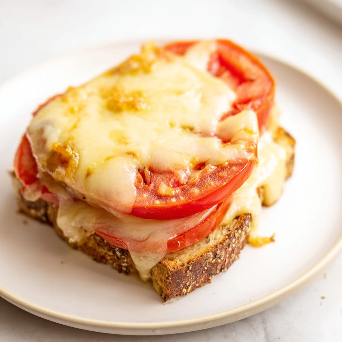 Golden-brown Pepper Jack & Tomato Grilled Cheese sandwiches on jalapeño bread, meltingly gooey and ready to serve on a rustic plate.