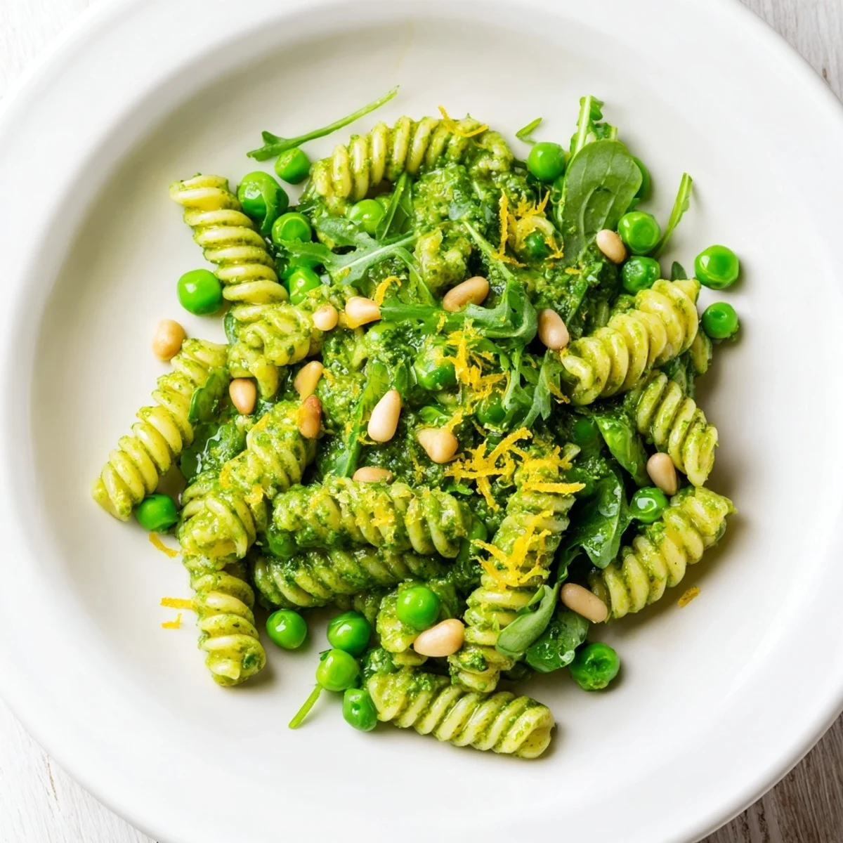 Spring Green Pesto Pasta Salad in a white bowl with bright peas, arugula, and toasted pine nuts.