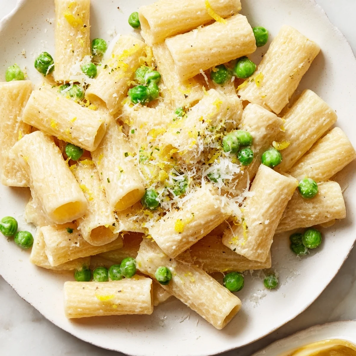 Creamy pea and lemon ricotta pasta tossed with al dente rigatoni, garnished with fresh basil and extra Parmesan.  