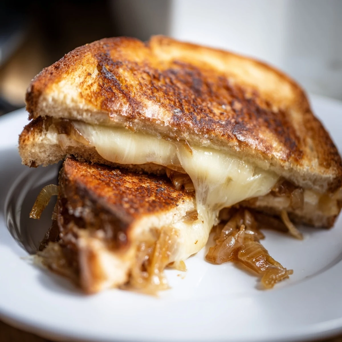 Close-up of a golden, crispy Caramelized Onion & Gruyère Grilled Cheese, with melted cheese and sweet onions peeking from the crusty bread.