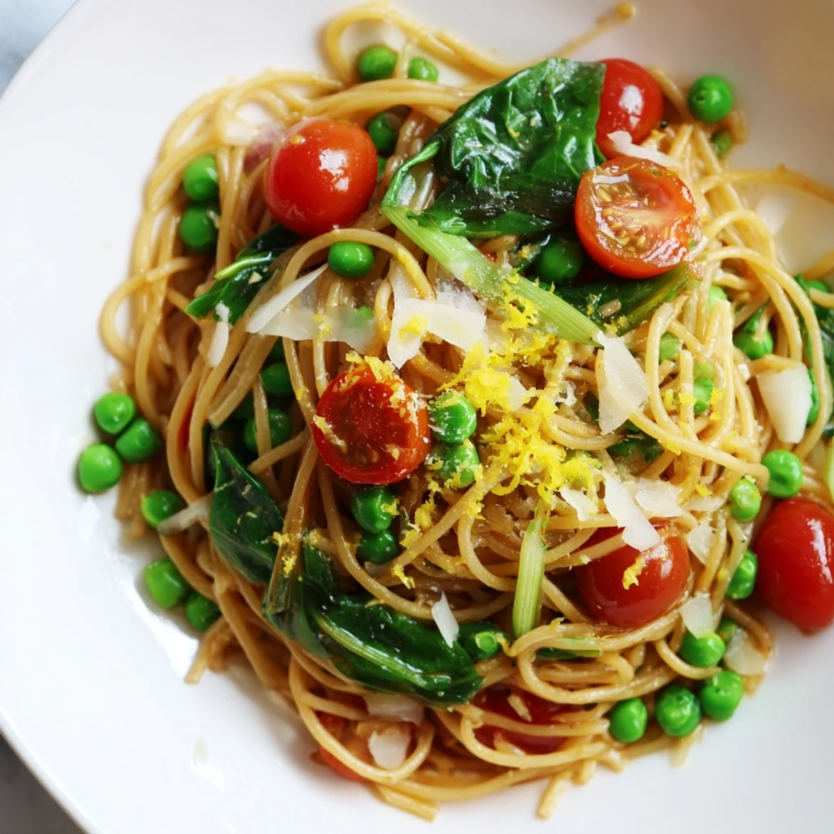 Steaming Spring Veggie One-Pot Spaghetti with cherry tomatoes and fresh spinach.