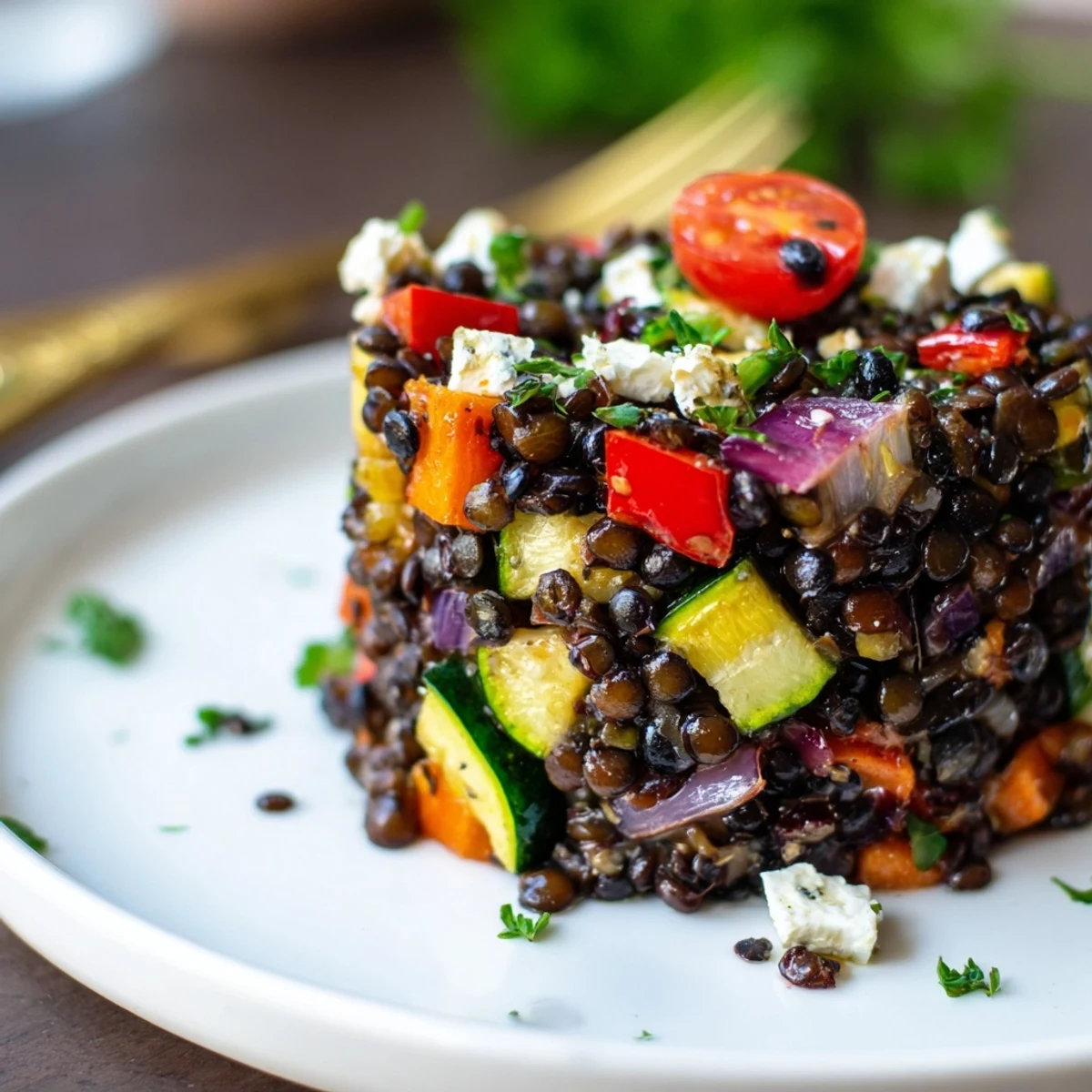 A vibrant Black Lentil Salad with Roasted Vegetables, featuring tender legumes, caramelized bell peppers, and zesty lemon dressing.