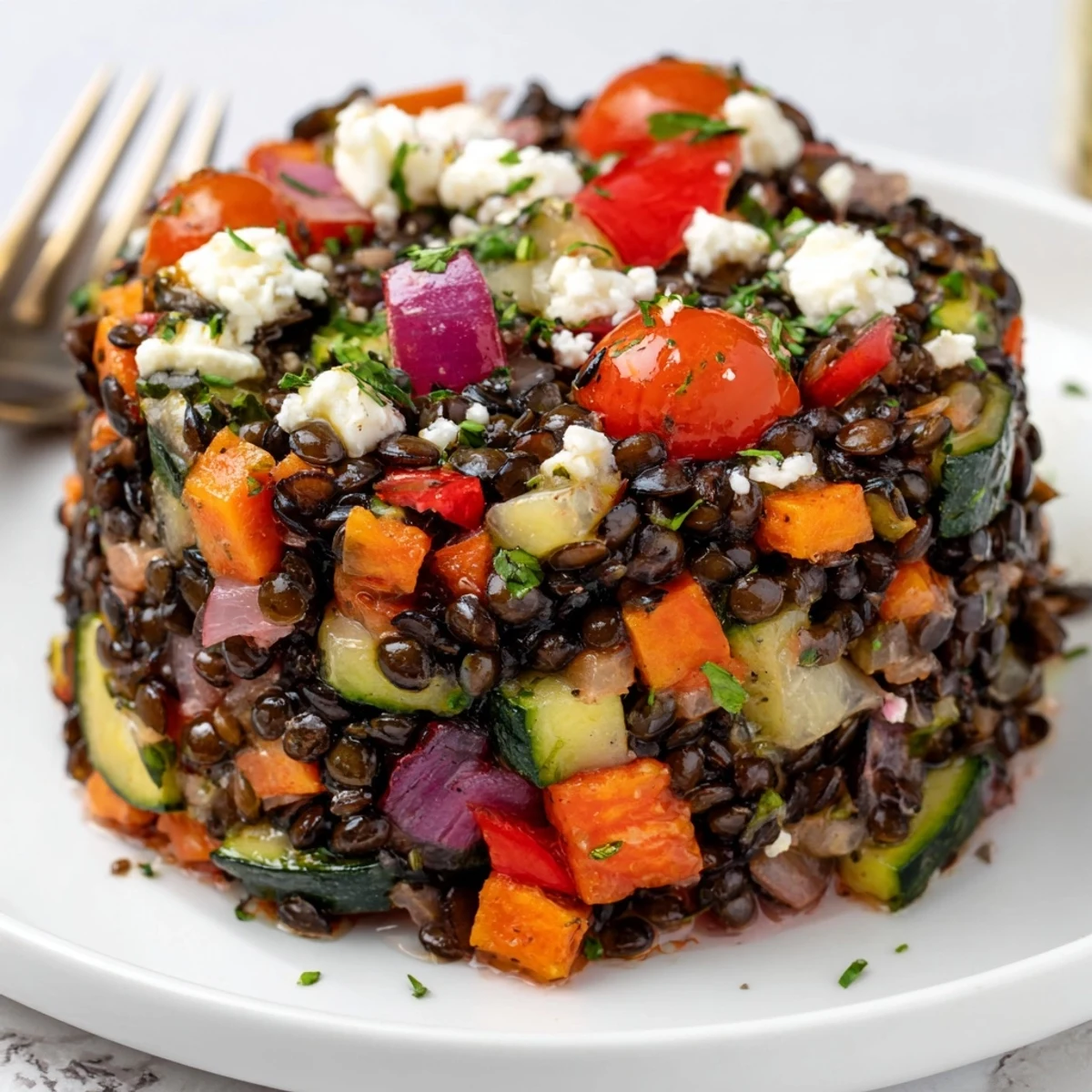 Ready-to-serve Black Lentil Salad with Roasted Vegetables, tossed with fresh parsley and a bright lemon vinaigrette.