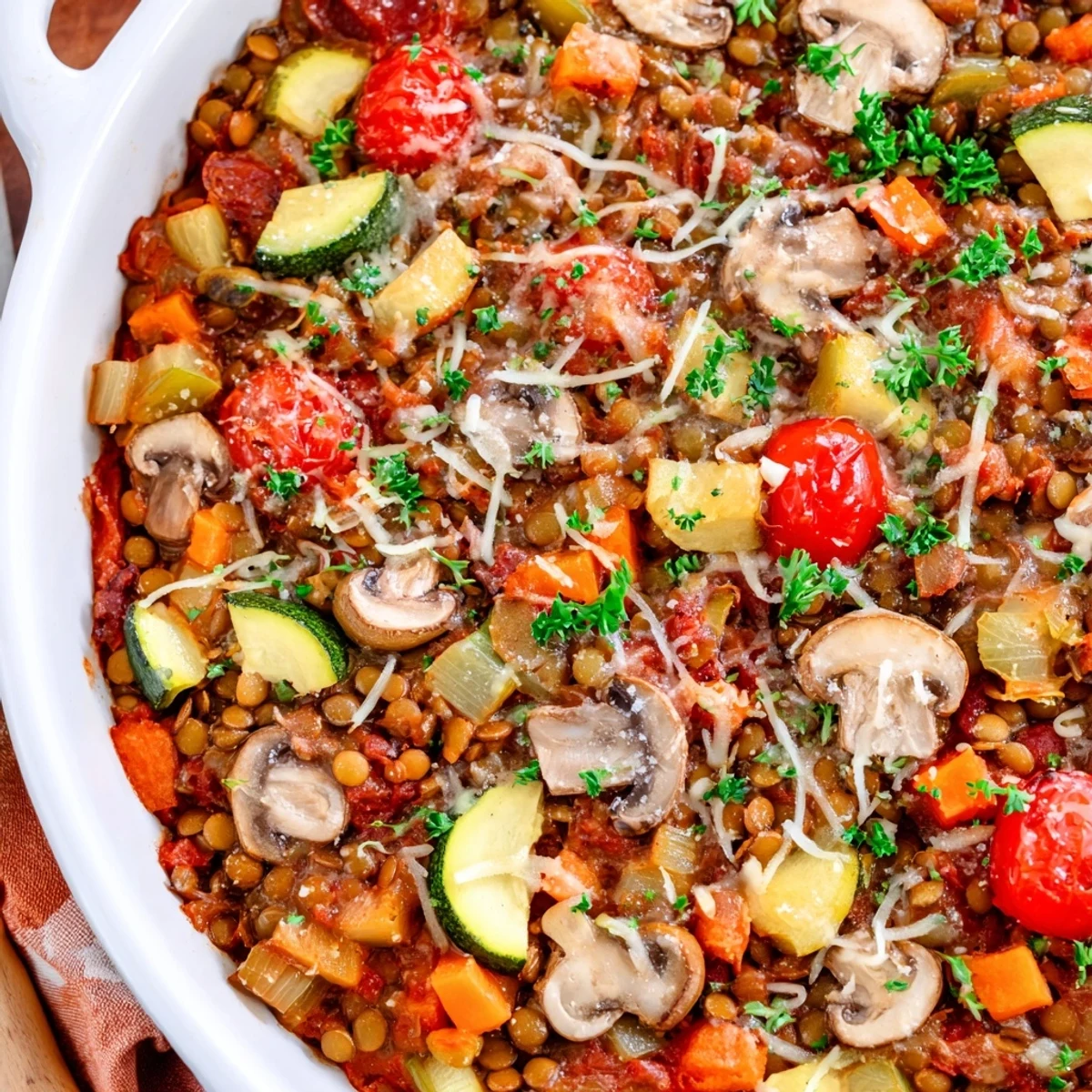 A hearty serving of Green Lentil and Vegetable Casserole in a white bowl, showcasing tender lentils and colorful roasted vegetables.  