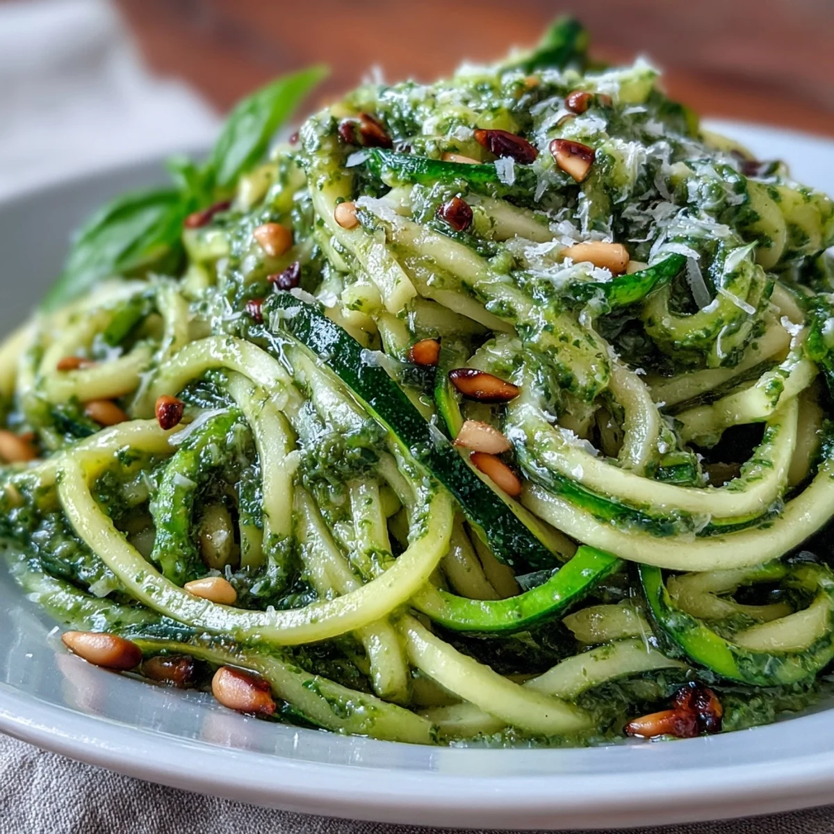 Bright green zucchini noodles glistening with homemade basil pesto, topped with fresh basil leaves and grated Parmesan, served in a white ceramic bowl.