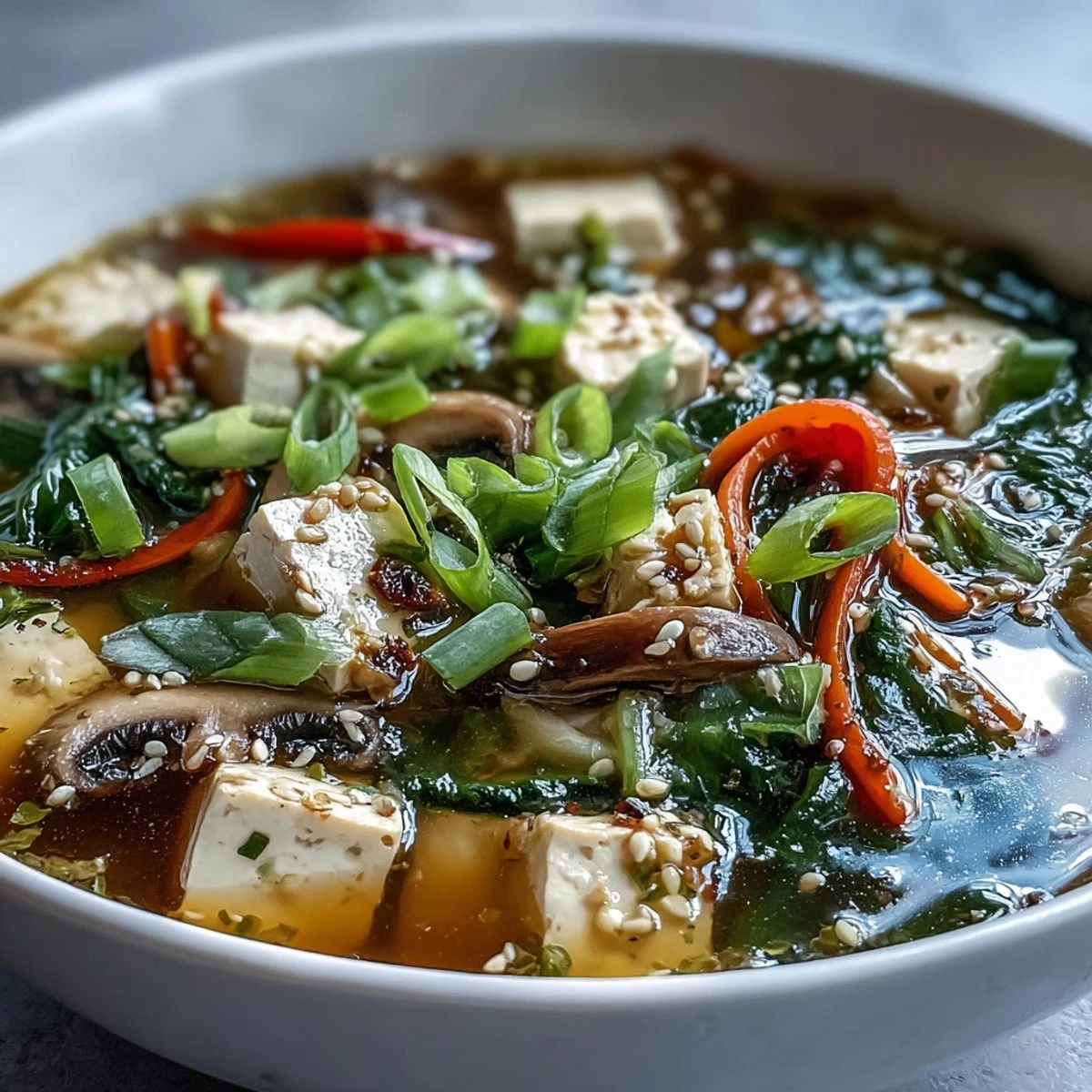 Steaming bowl of tofu and vegetable soup, showcasing tender silken tofu and crisp greens.