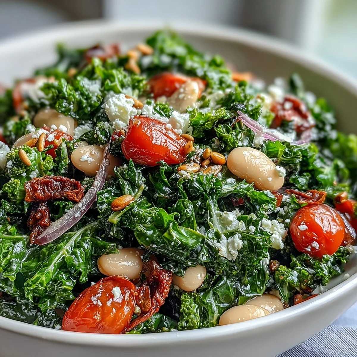 Hearty white bean and kale salad glistening with bright, fresh lemony dressing.