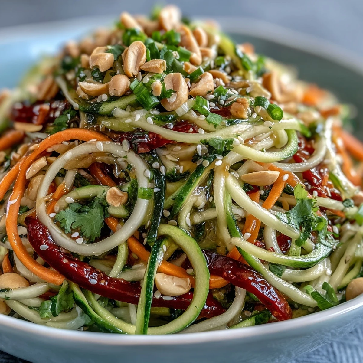 Vibrant Raw Vegetable Noodle Salad with zesty sesame-ginger dressing, a refreshing vegan delight.