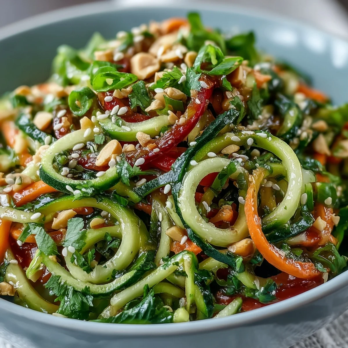Fresh Raw Vegetable Noodle Salad, a colorful, healthy dish perfect for summer meals.