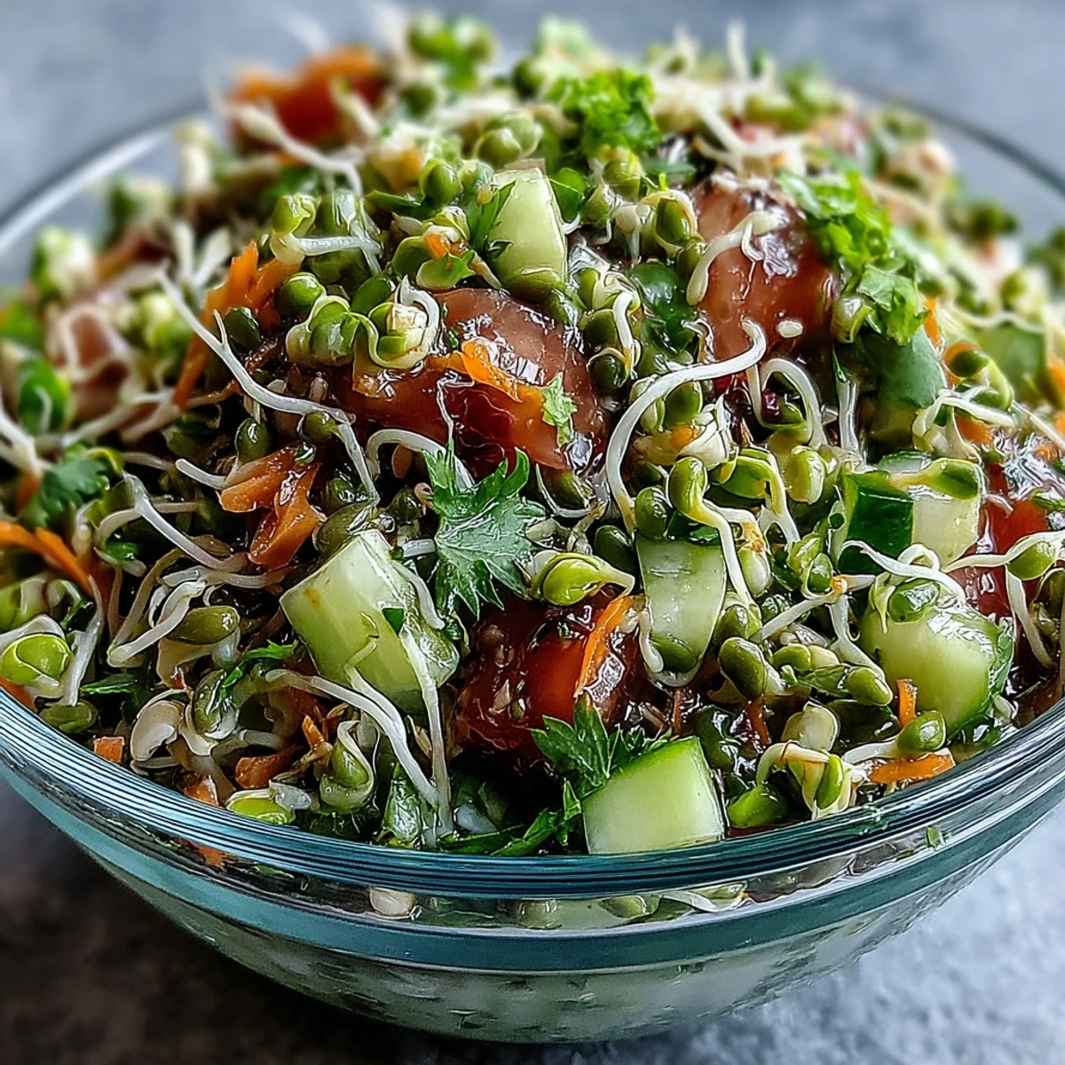 Vibrant sprouted seed salad bursting with colorful, crisp vegetables and light lemon dressing.