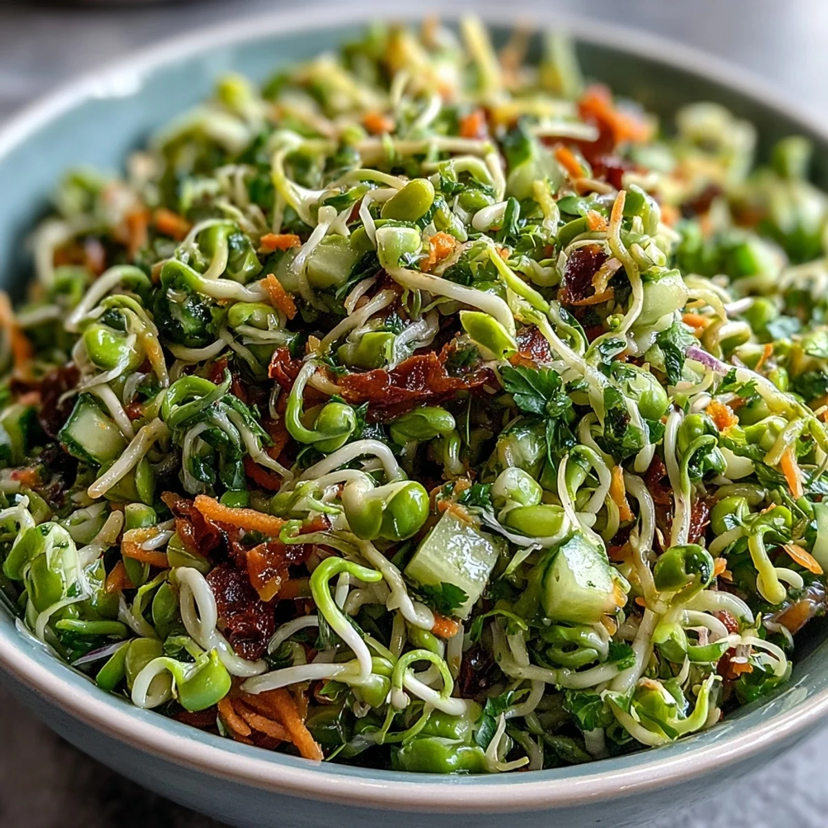 Freshly tossed sprouted seed salad, a healthy and refreshing side dish, ready to serve.