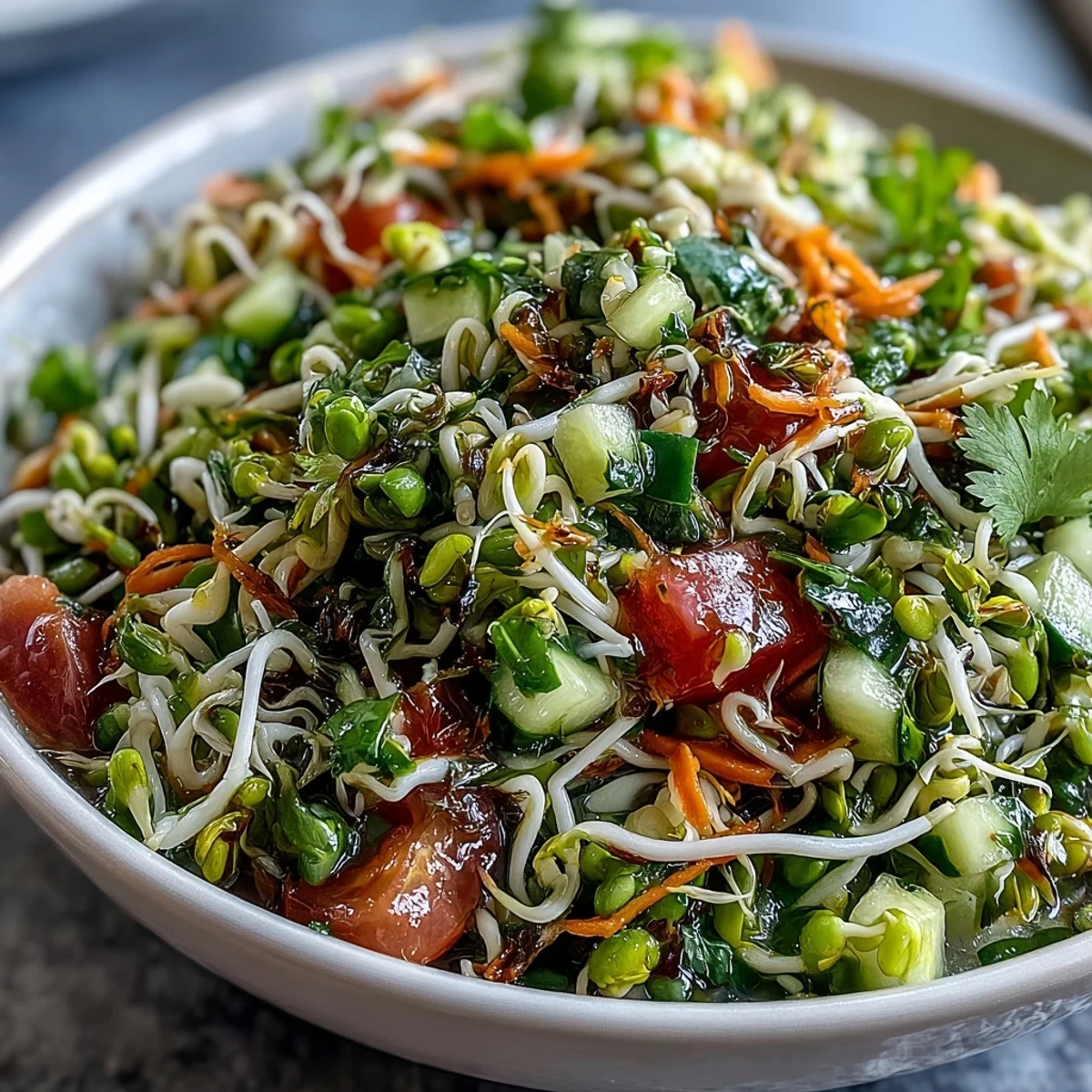 Close-up of a healthy sprouted seed salad featuring crunchy sprouts and garden vegetables.