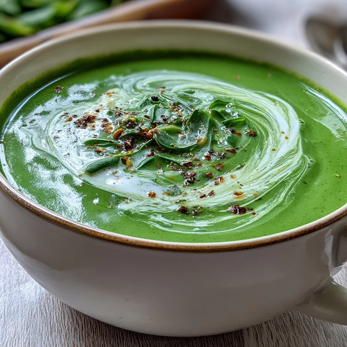 Spinach soup in a rustic white bowl next to crusty artisan bread, perfect for dipping into the velvety green broth.