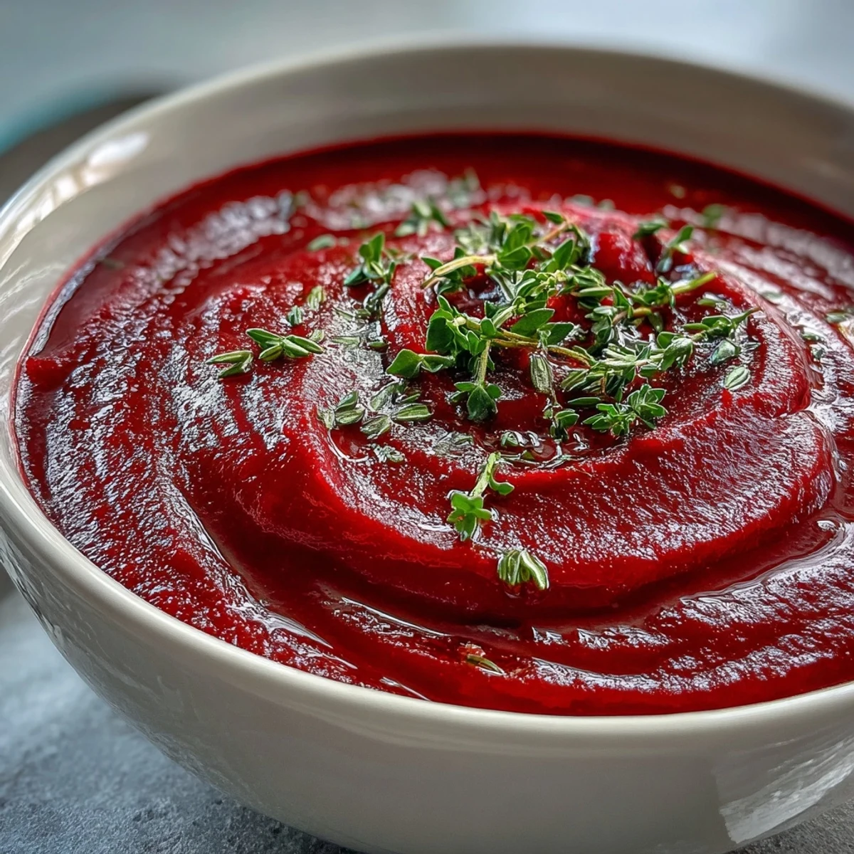 Creamy roasted beet soup in a rustic bowl with a thyme garnish.