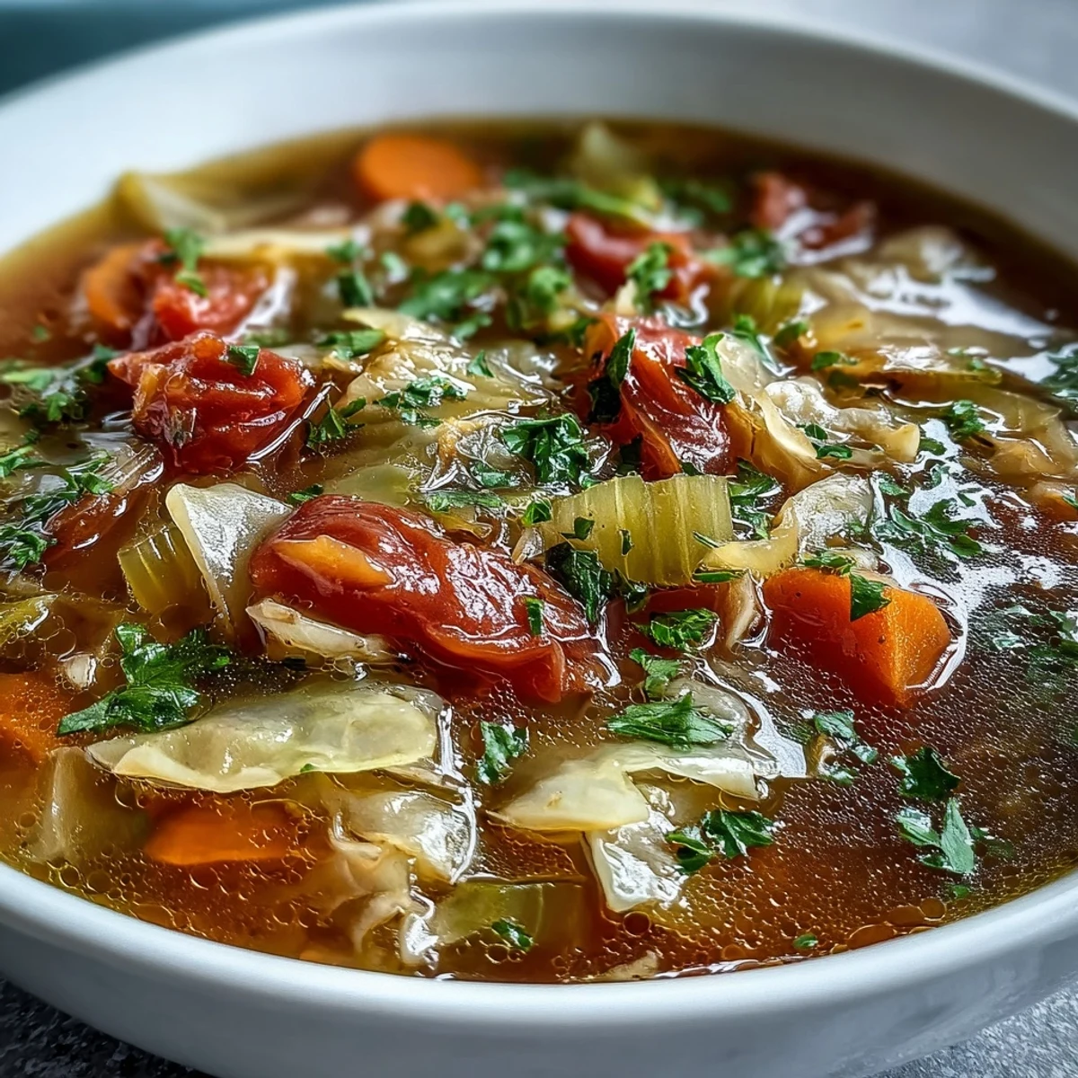 A steaming bowl of homemade Cabbage Soup with tender carrots, celery, and fresh parsley garnish.