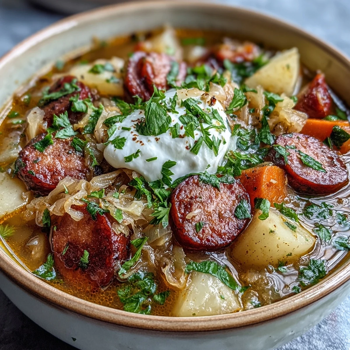 Savory Sauerkraut Soup simmering with diced potatoes, carrots, and smoked sausage, ladled into a white bowl for a comforting meal.