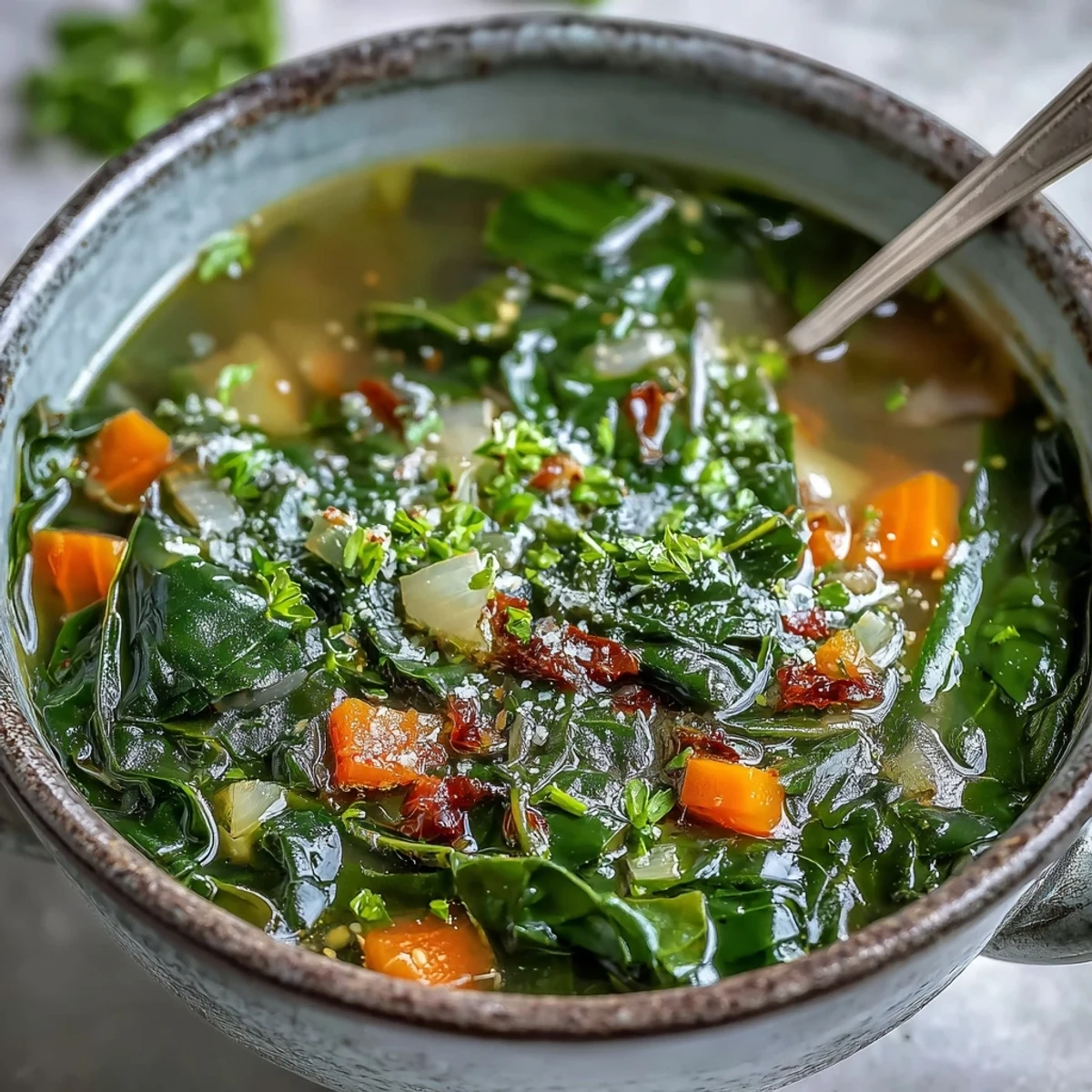 Freshly prepared Swiss Chard Soup with tender greens and lemon, garnished with chopped parsley on a rustic table.