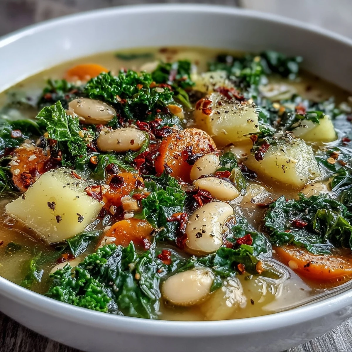 Cubed potatoes and fresh kale leaves simmered in a savory broth for this hearty Kale Soup.