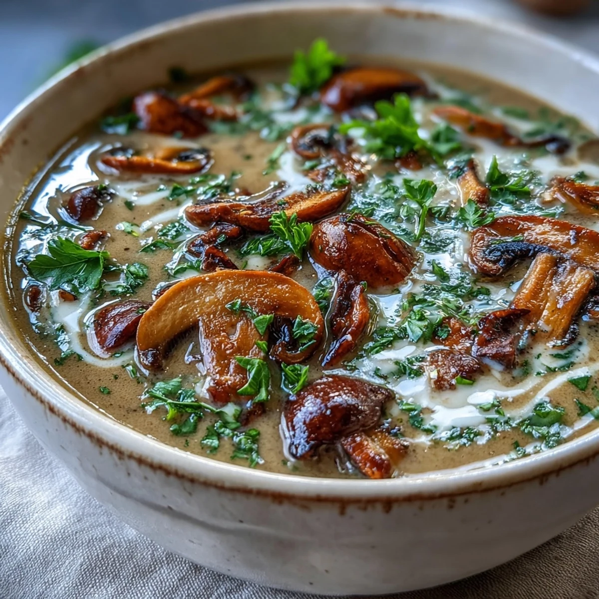 Creamy mushroom soup garnished with fresh parsley in a rustic bowl, ready to enjoy with crusty bread.