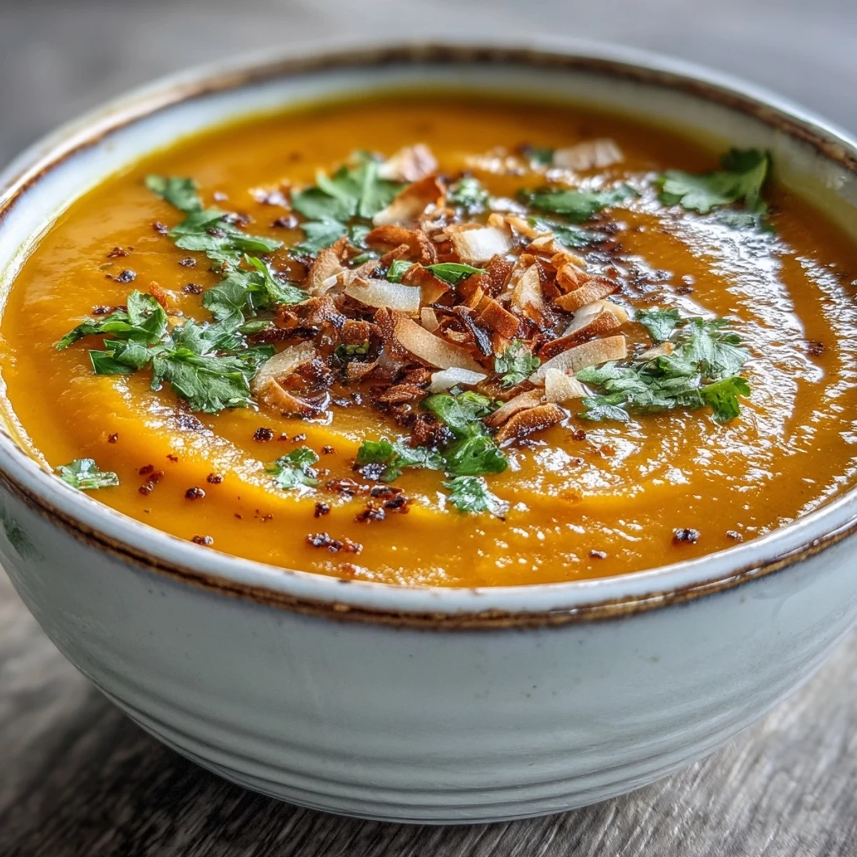 A bowl of golden Carrot and Coconut Soup garnished with cilantro and lime wedges.