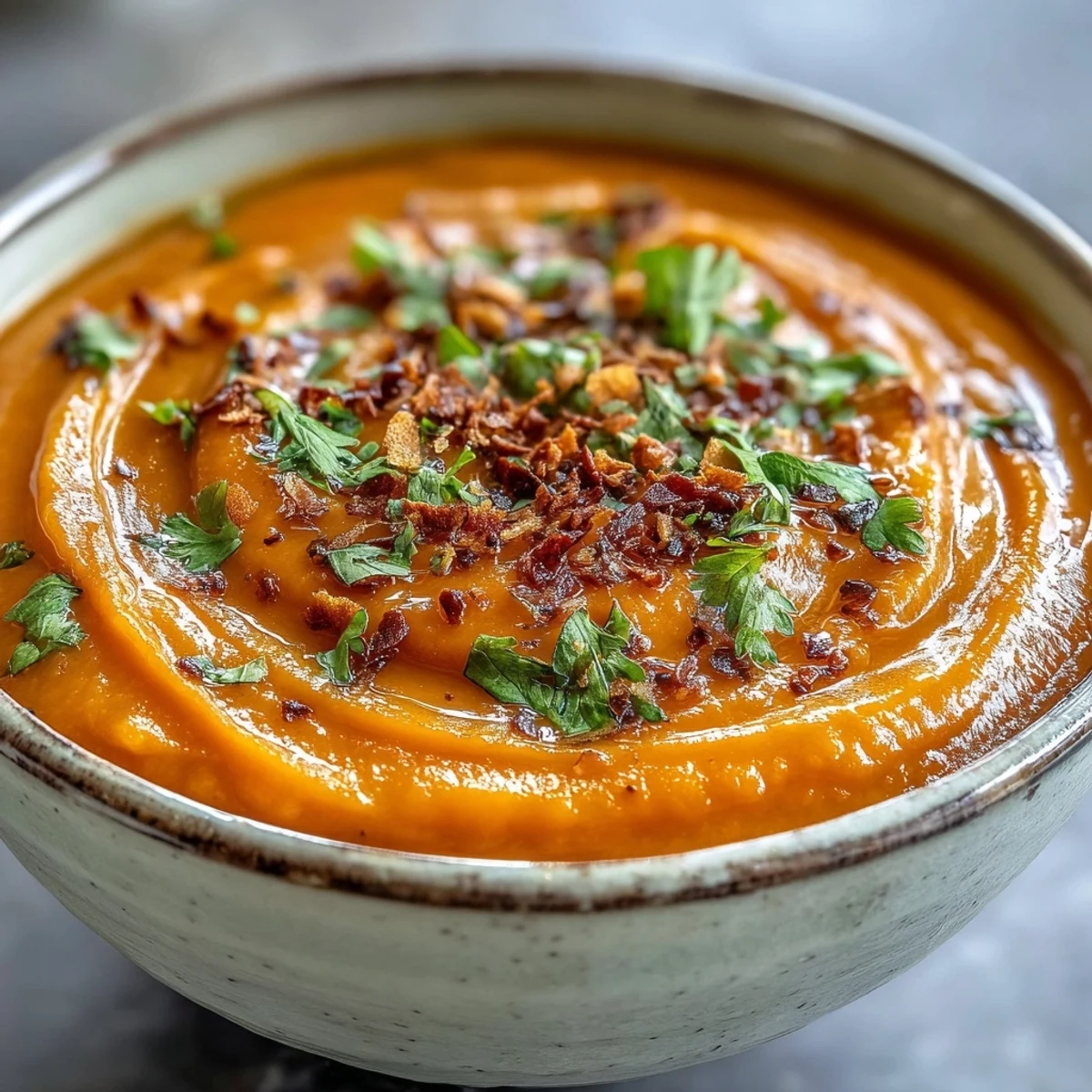 Vibrant Carrot and Coconut Soup in a rustic bowl, drizzled with coconut milk.