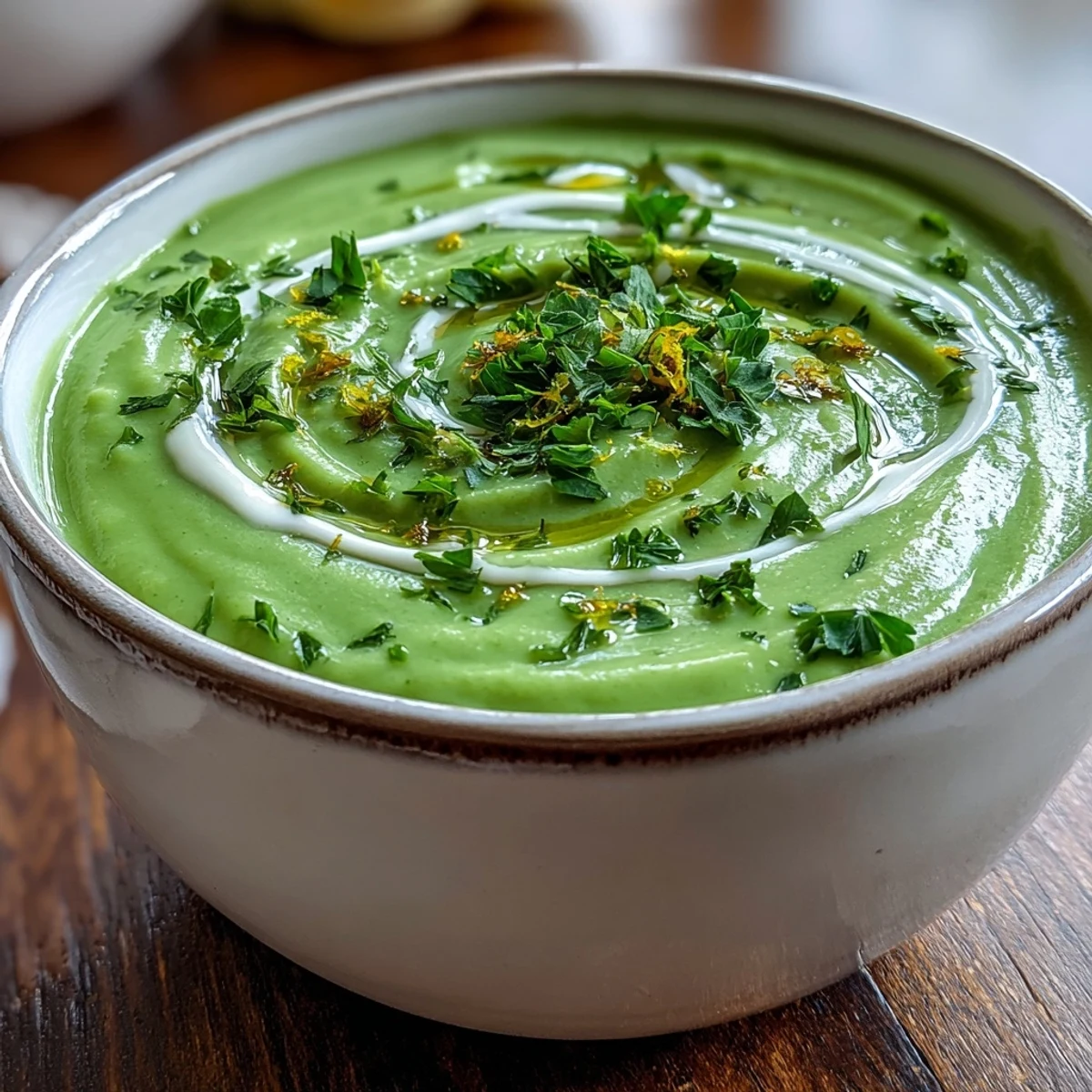 Smooth, pureed Zucchini Soup in a white bowl with a swirl of cream and fresh basil garnish.