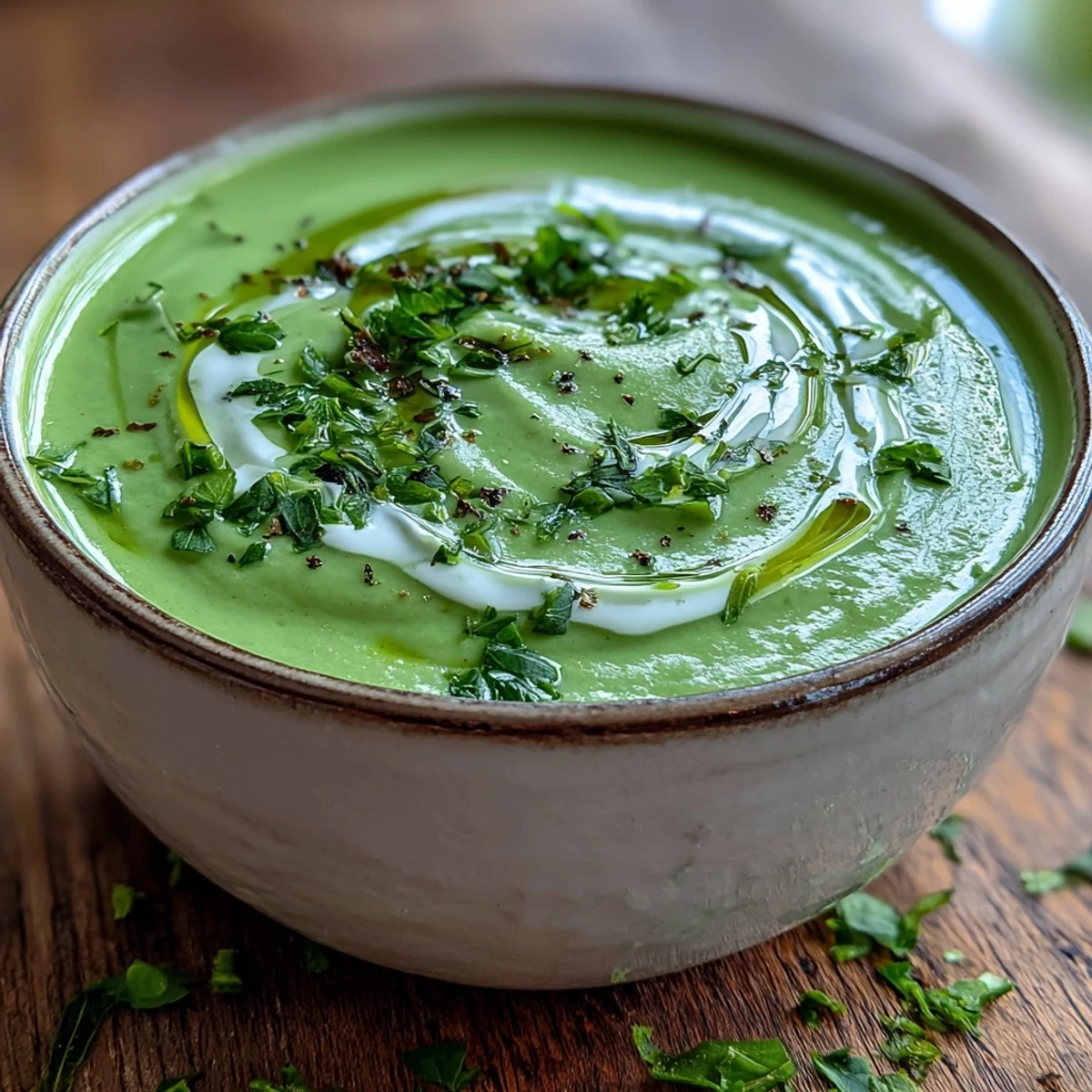 Vibrant green Zucchini Soup served in a rustic ceramic bowl, garnished with chopped herbs and lemon zest.