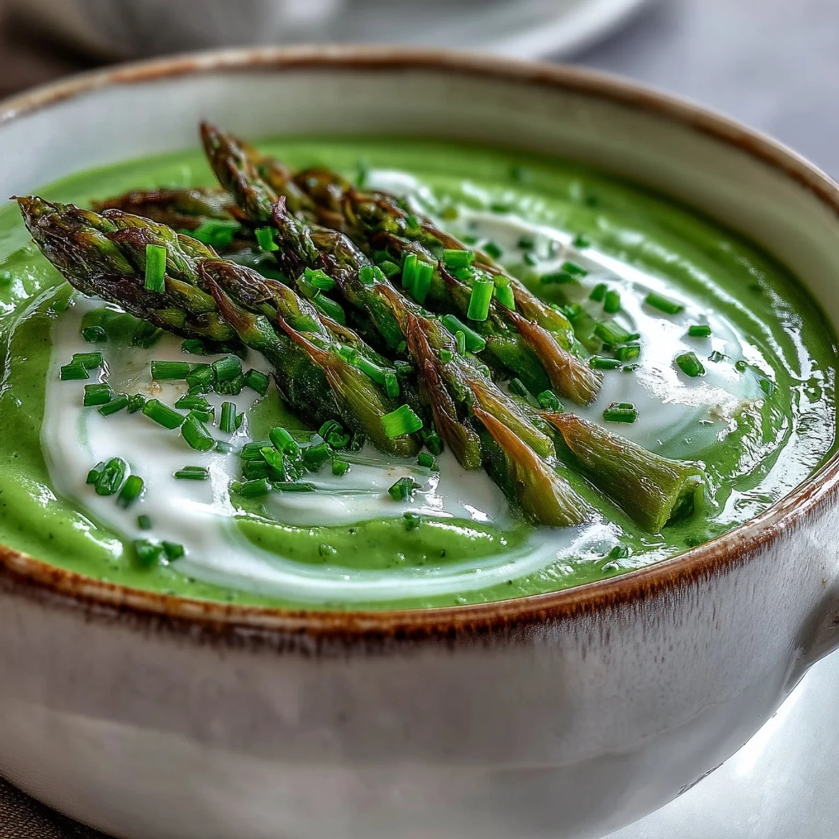 Vibrant green Asparagus Soup in a rustic white bowl, garnished with tender asparagus tips and fresh chives.